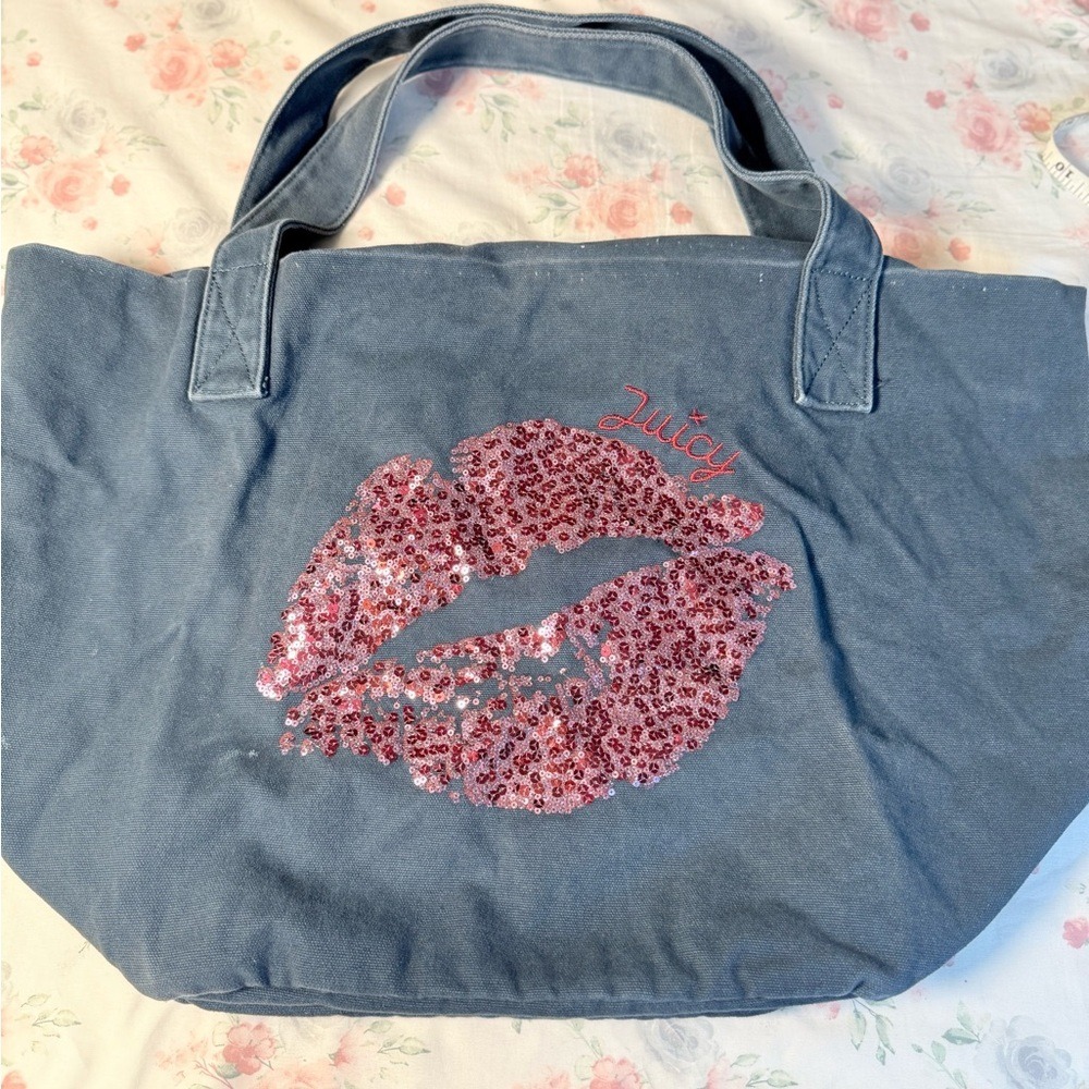 Juicy Couture Blue Canvas Tote Bag Pink Sequin Lips Shoulder Handbag Large
